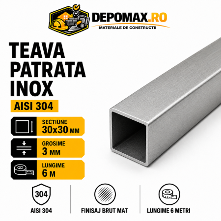 Teava patrata inox AISI 304, 30 x 30 x 3 mm, 6 metri